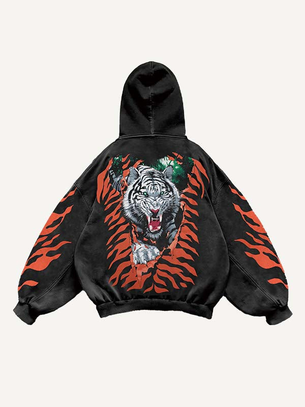Tiger&Graphic Print Slant Pockets Hoodie