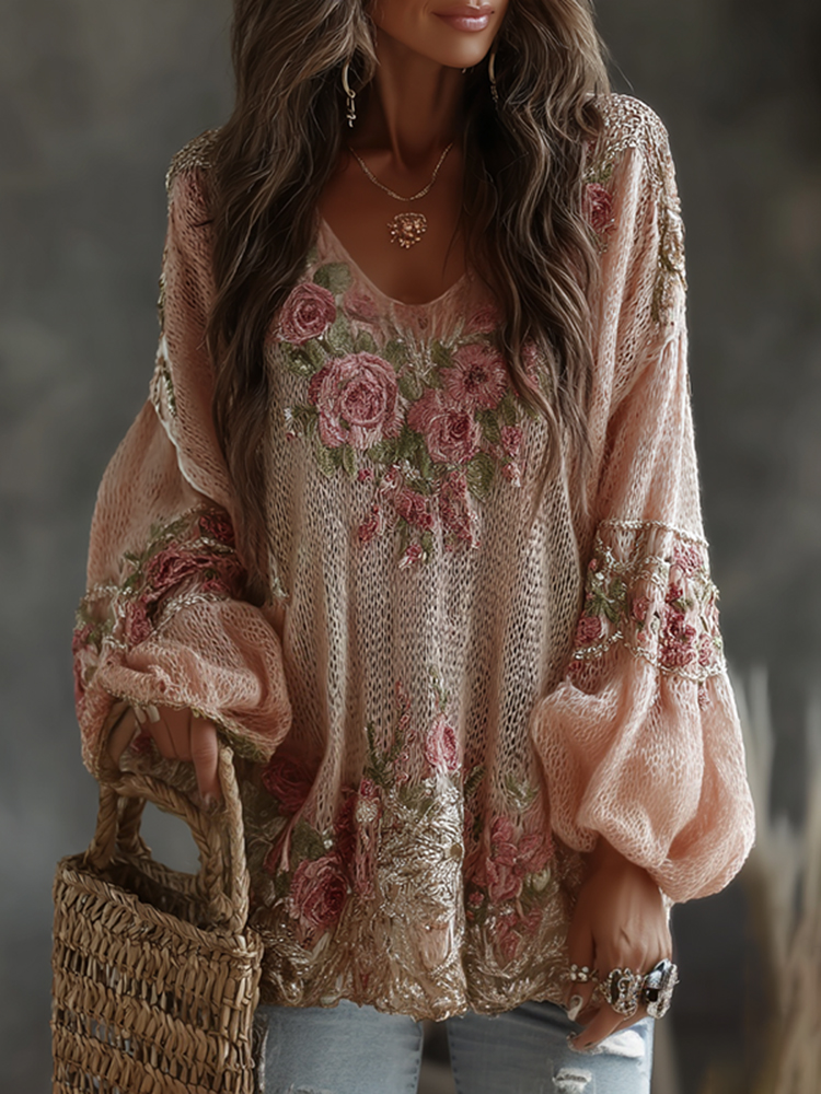 Women's Floral Embroidered Art Print Casual Hooded Sweater