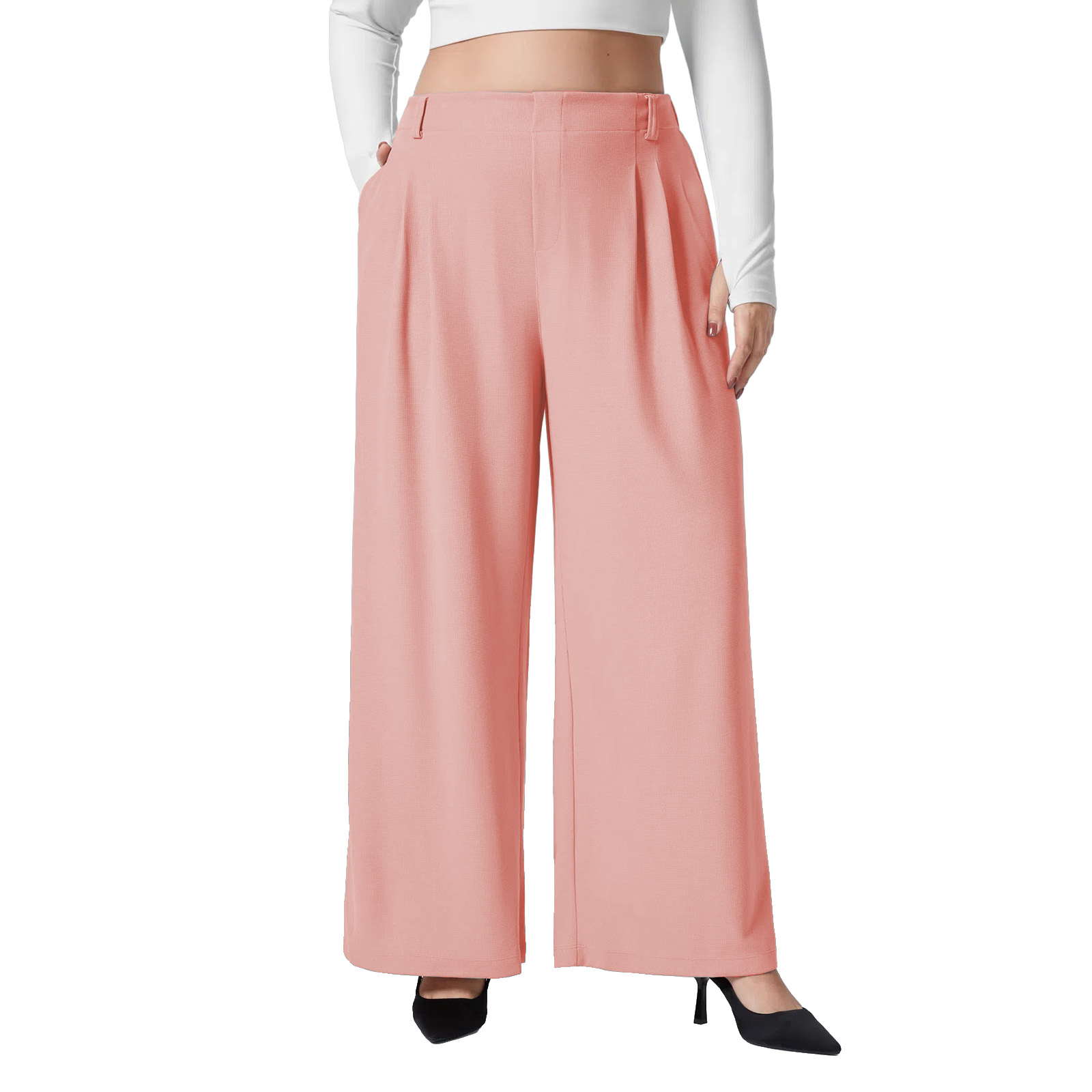 Women's high-waisted wide-leg waffle knit work pants with pockets