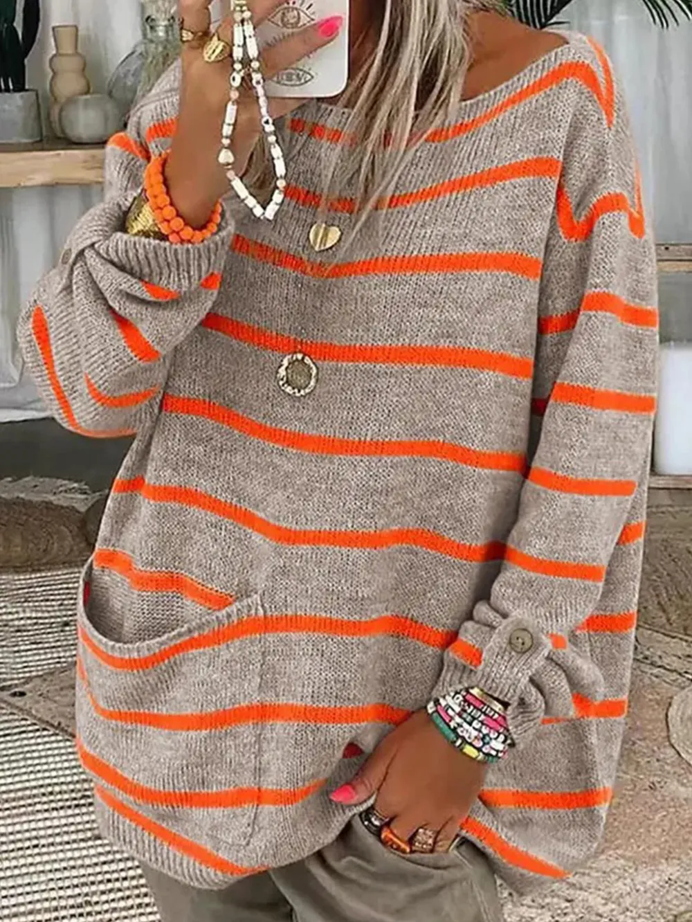🔥 Striped Pocket Loose Sweater