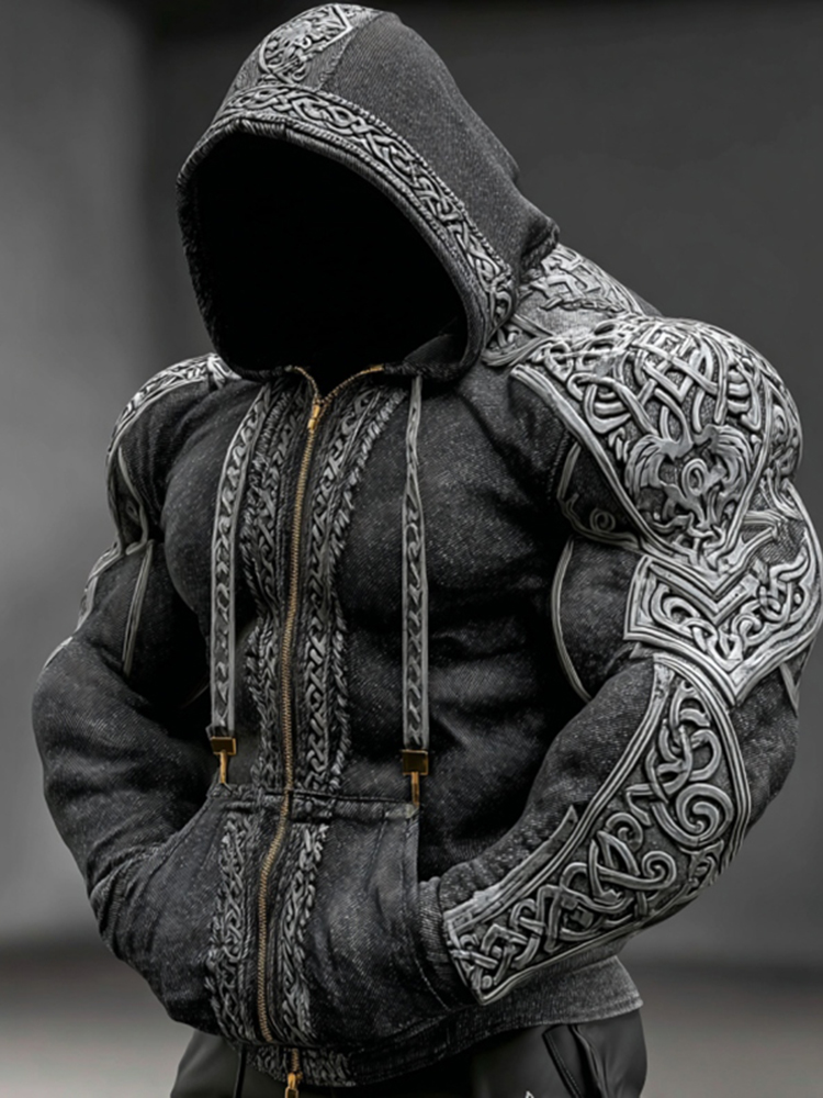 Retro Viking Celtic Knot Contrasting Embroidery Warm Hooded Jacket