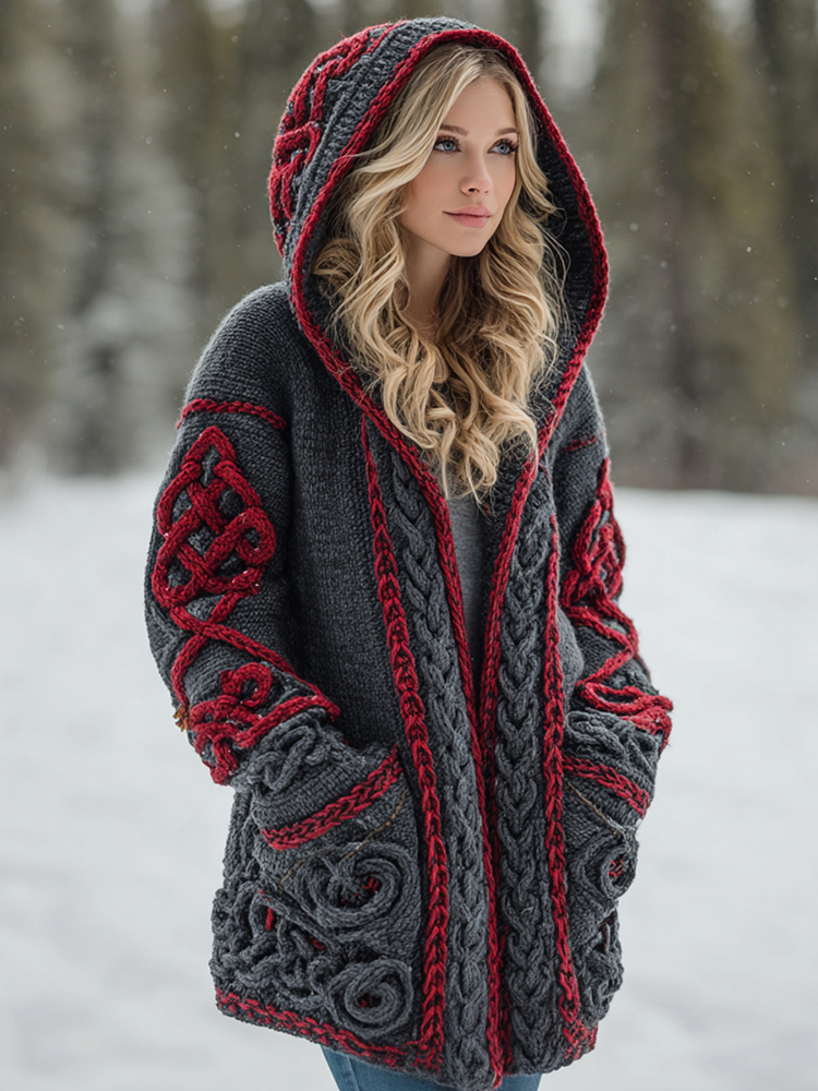 Women's Viking Celtic Knot Art Warm Knit Hooded Jacket
