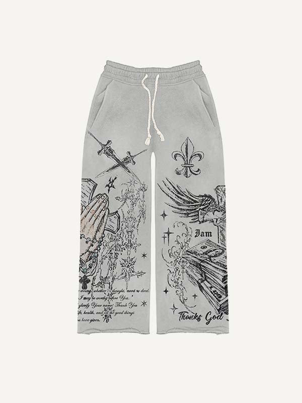 Pray&Cross&Wing&Money&Graphic&Letter Print Elastic Waist Pants