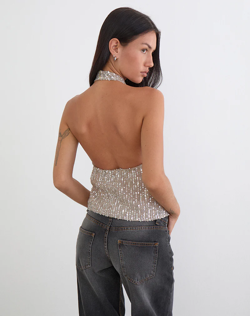 Beyi Halterneck Top in Chiffon Sequin Nude