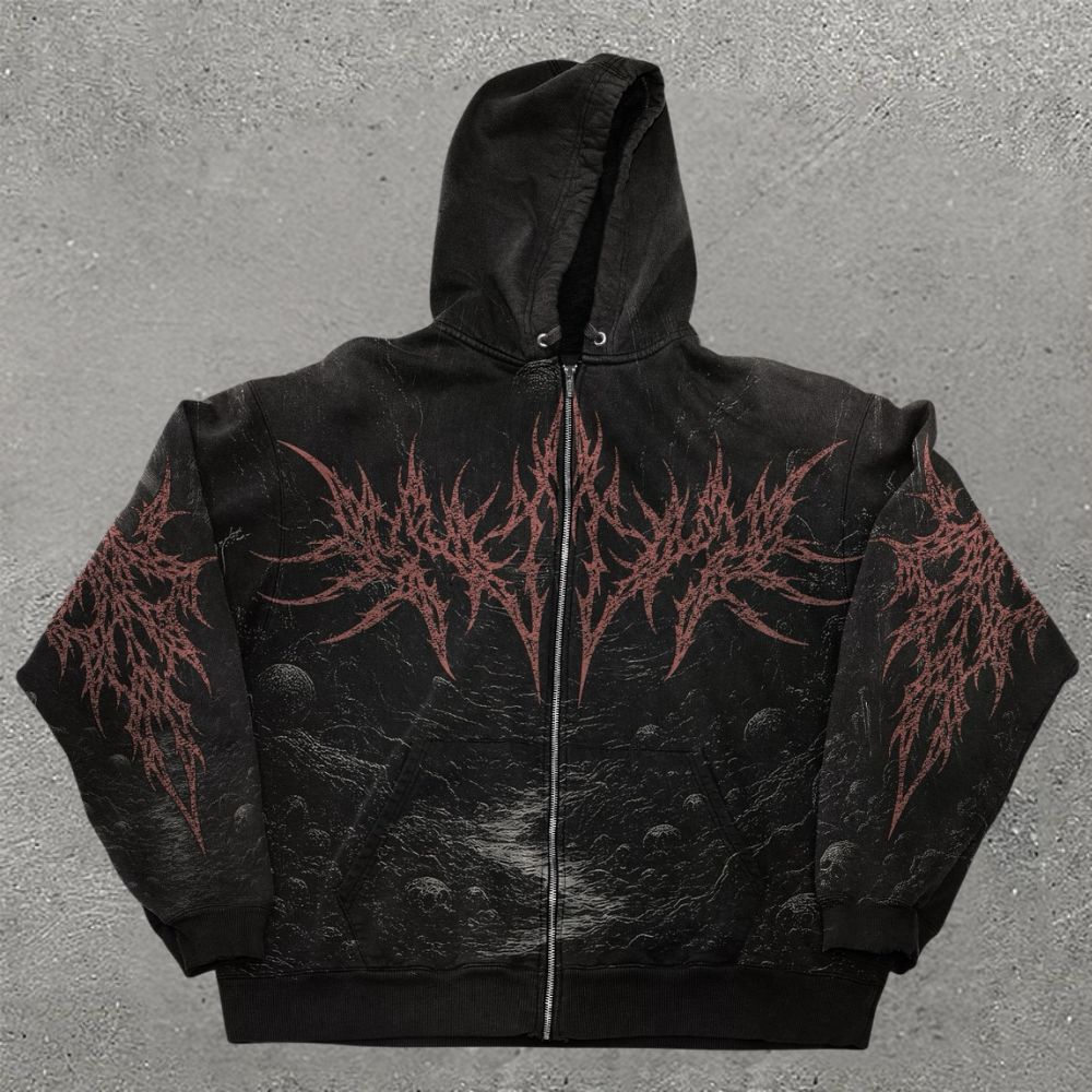 Gothic Black Metal Cosmic Skull Art Zip Up Hoodie