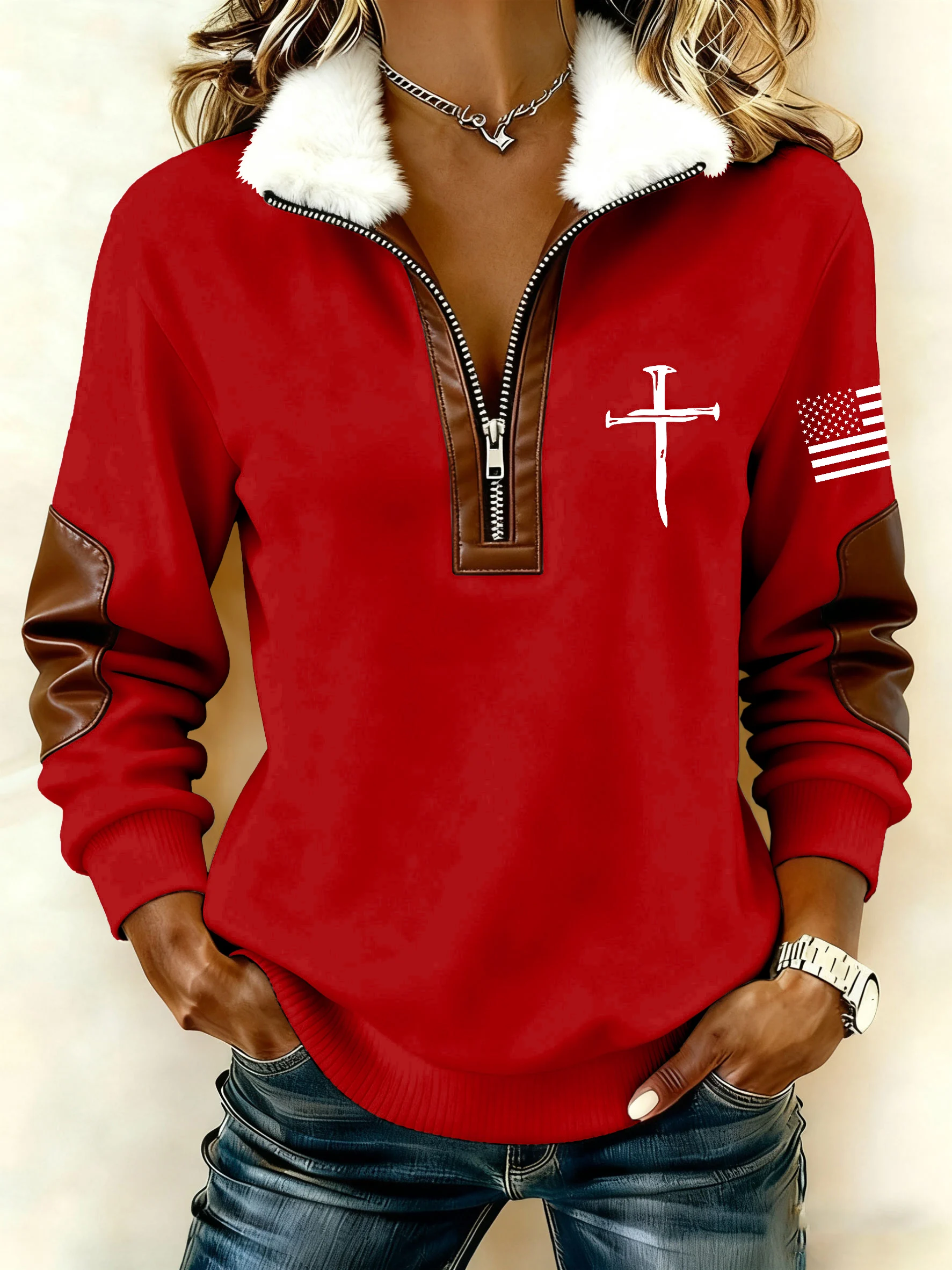 Women's Casual Retro Faith Print Patchwork Fur Collar Long-Sleeve Sweatshirt-Fast Shipping