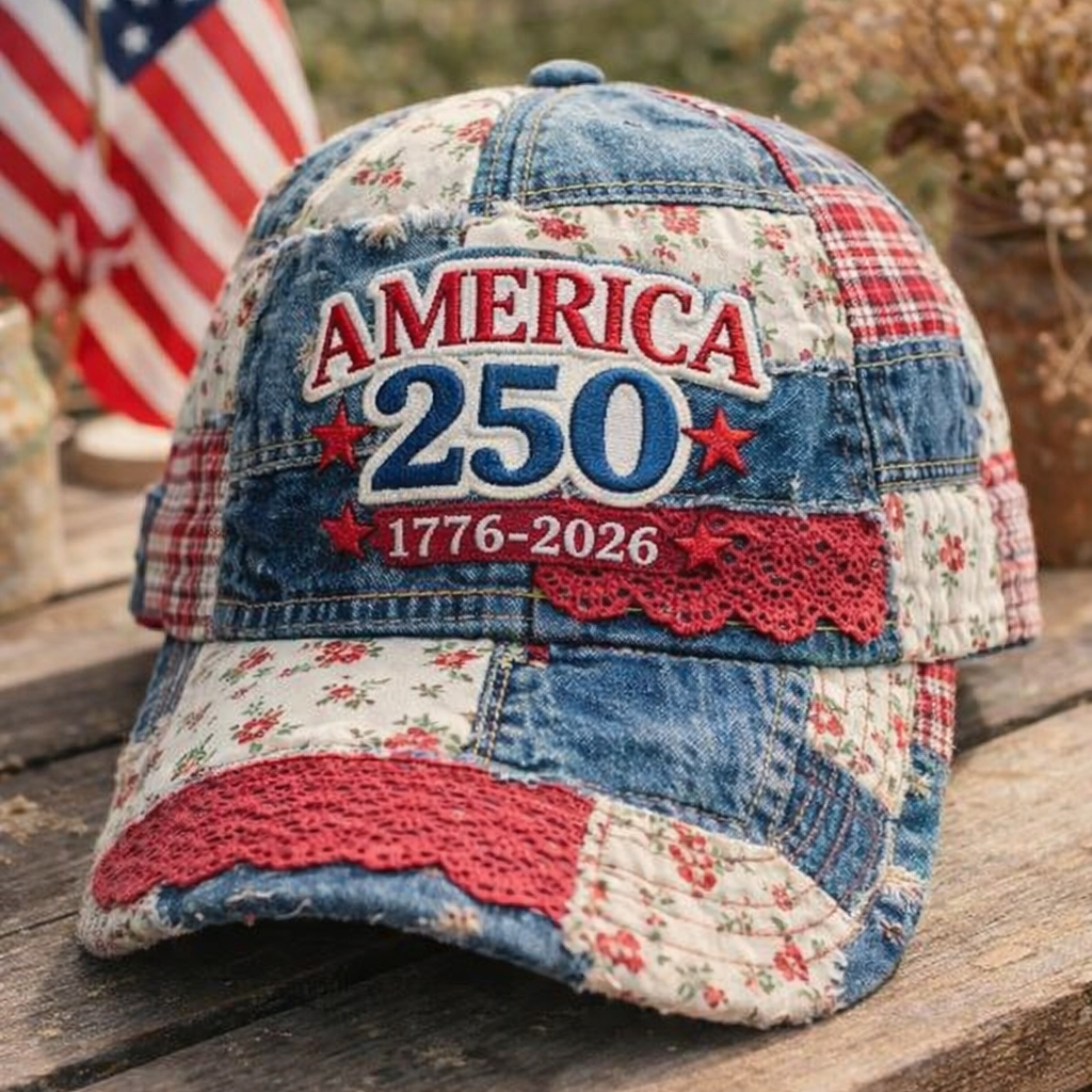 Vintage Patchwork Denim Baseball Cap – America 250th Anniversary 1776–2026 Embroidered Patriotic Hat, Retro Floral Lace USA Independence Celebration Dad Hat