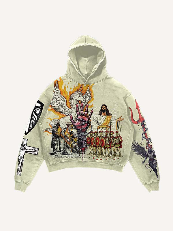 Figure&Cross&Demon&Wing&Palm&Animal&Letter Print Slant Pockets Hoodie