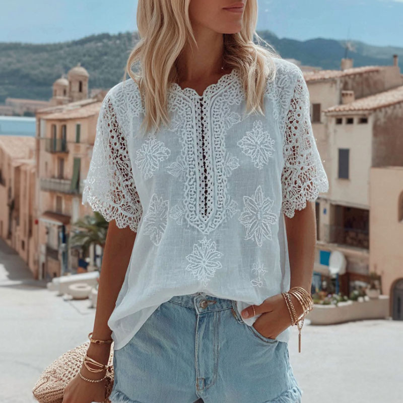 Women's Lace Embroidered Floral Linen Crew Neck T-shirt