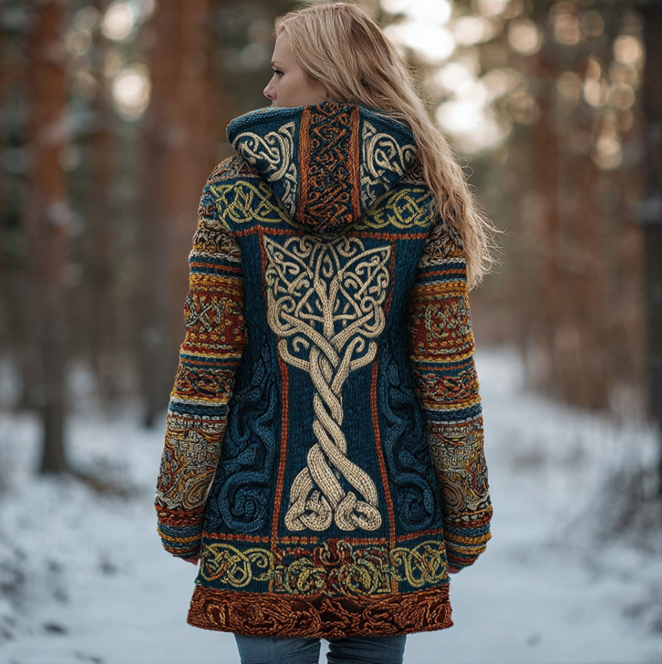 Women's Retro Viking Style Hooded Knit Sweater Jacket