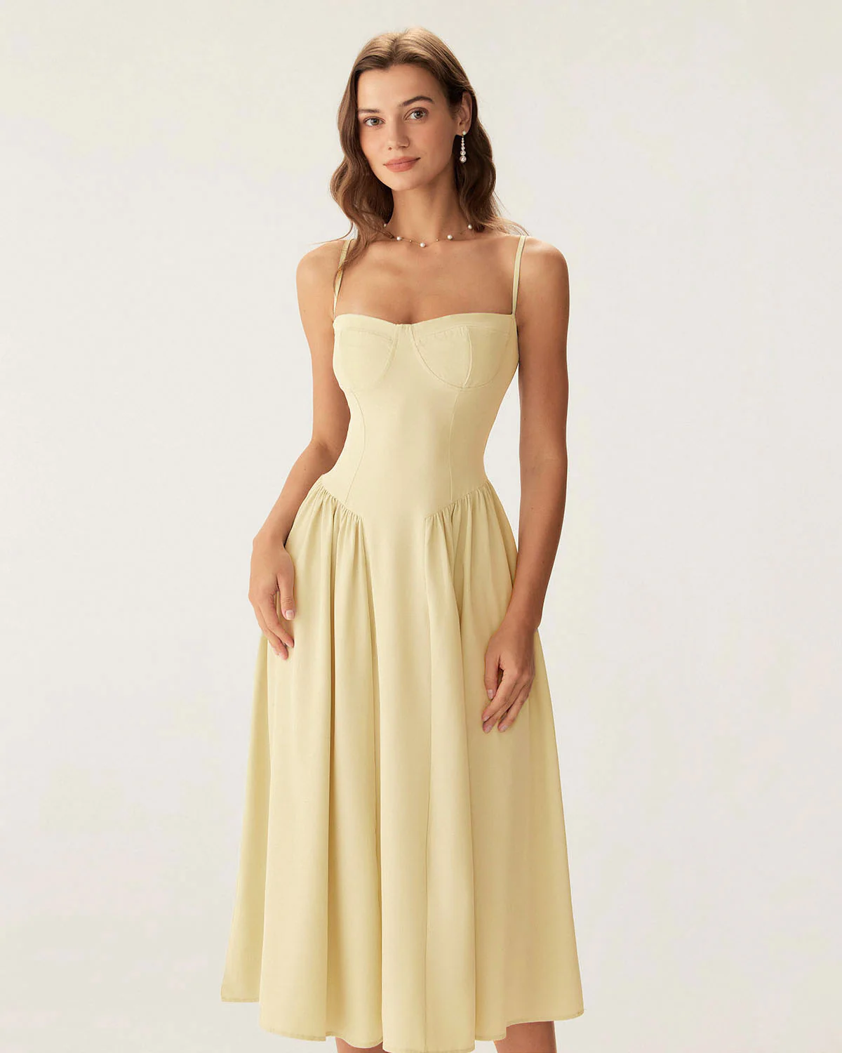 Yellow Square Neck Pocket Slip Midi Dress