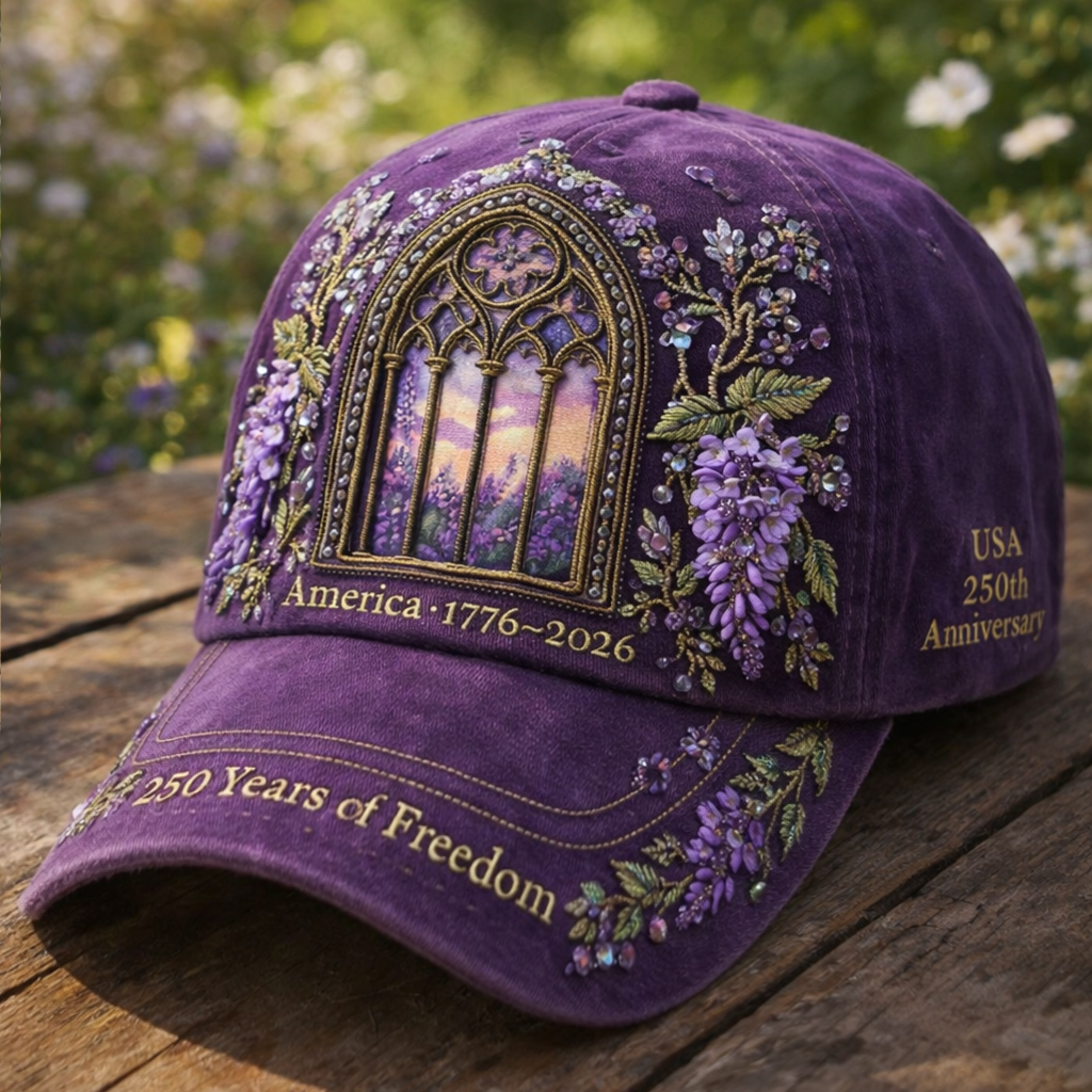 Luxury Purple Embroidered Baseball Cap – USA 250th Anniversary 1776–2026 – 250 Years of Freedom Commemorative Hat with Floral Gothic Window Design