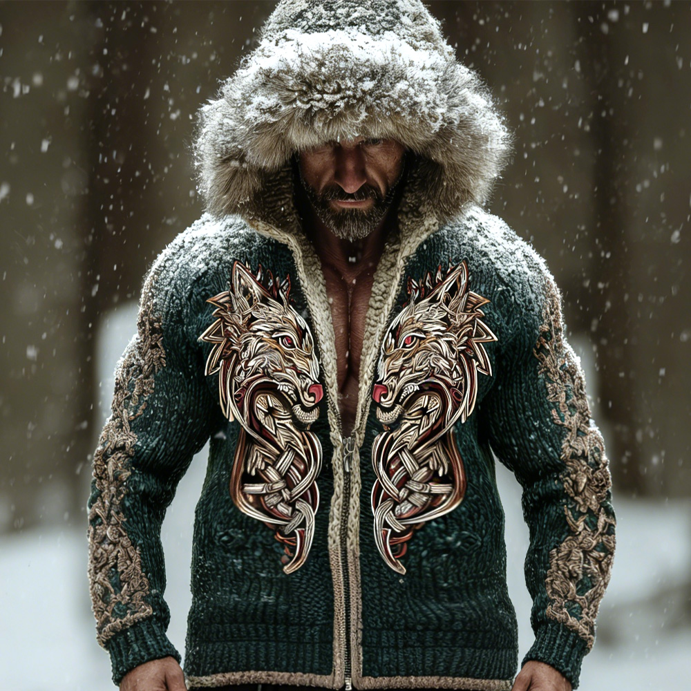 Men's Retro Viking Wolf Embroidered Print Hooded Jacket