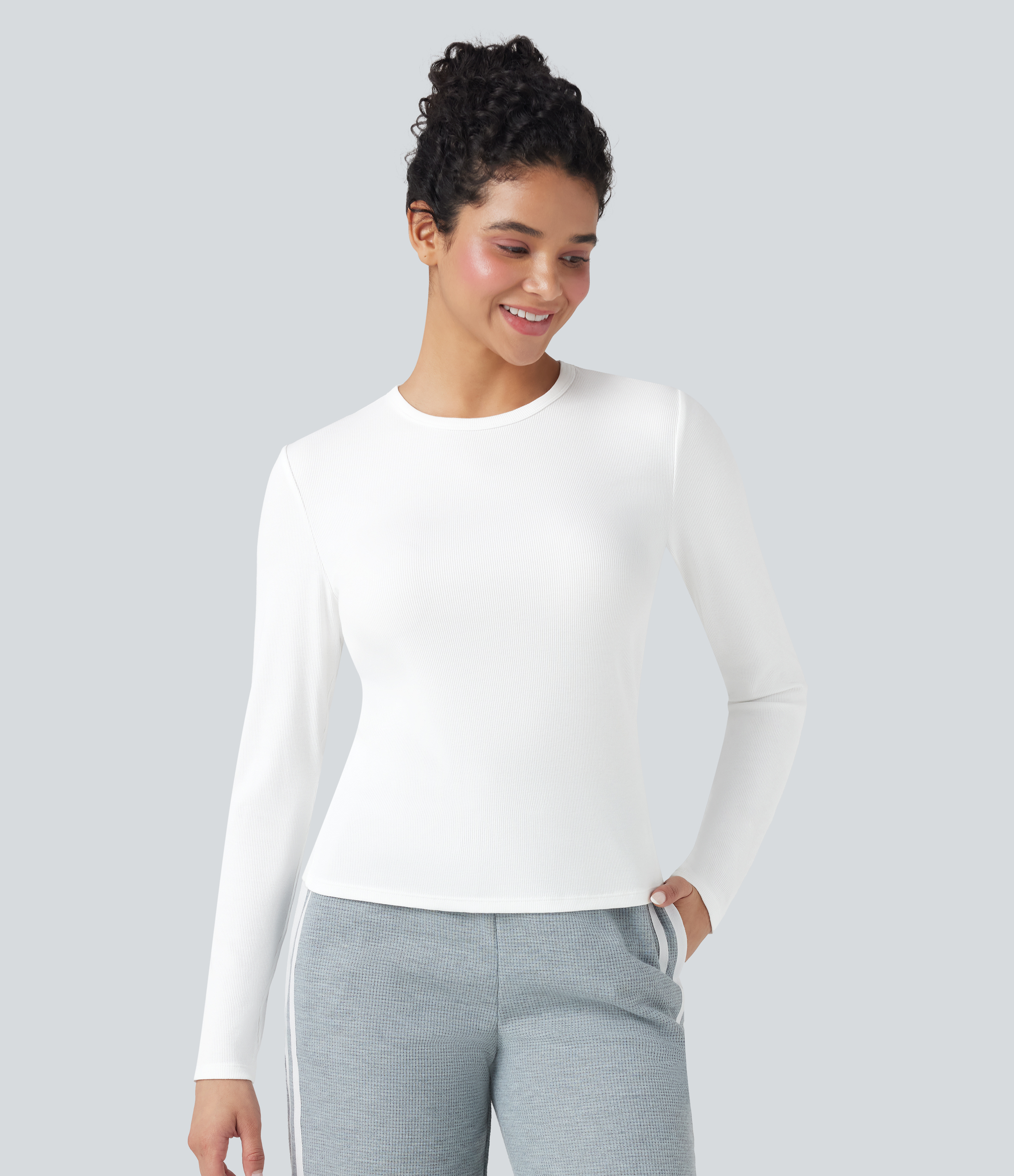 Ribbed Knit Round Neck Long Sleeve Casual Top