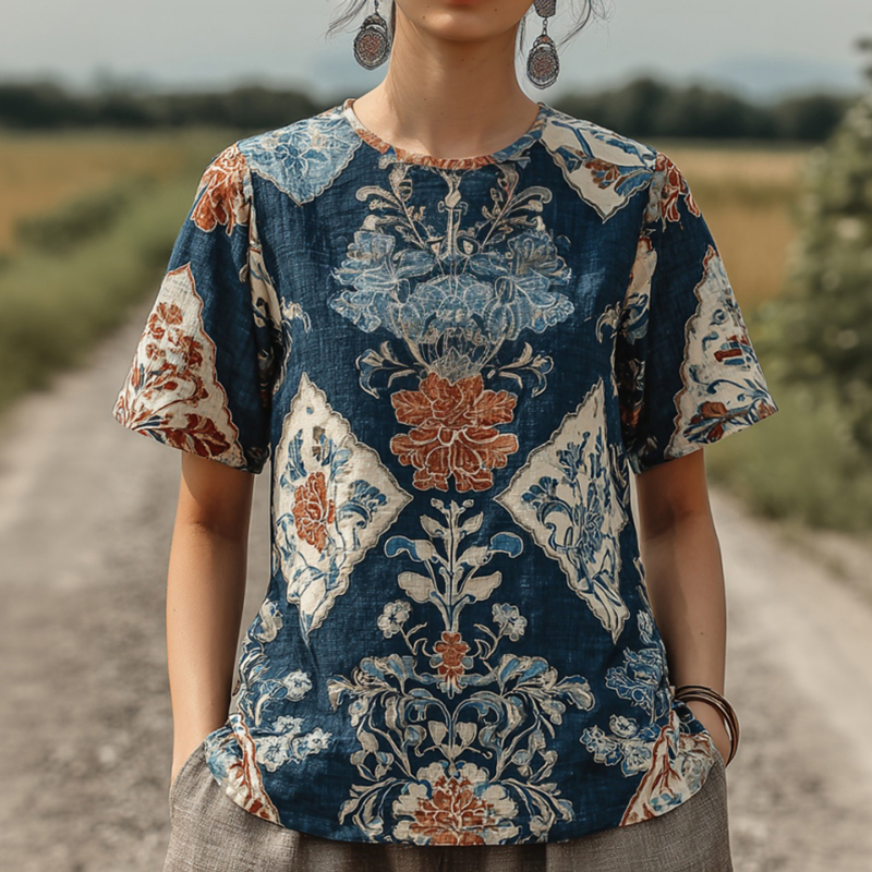 Women's Retro Floral Pattern T-shirt