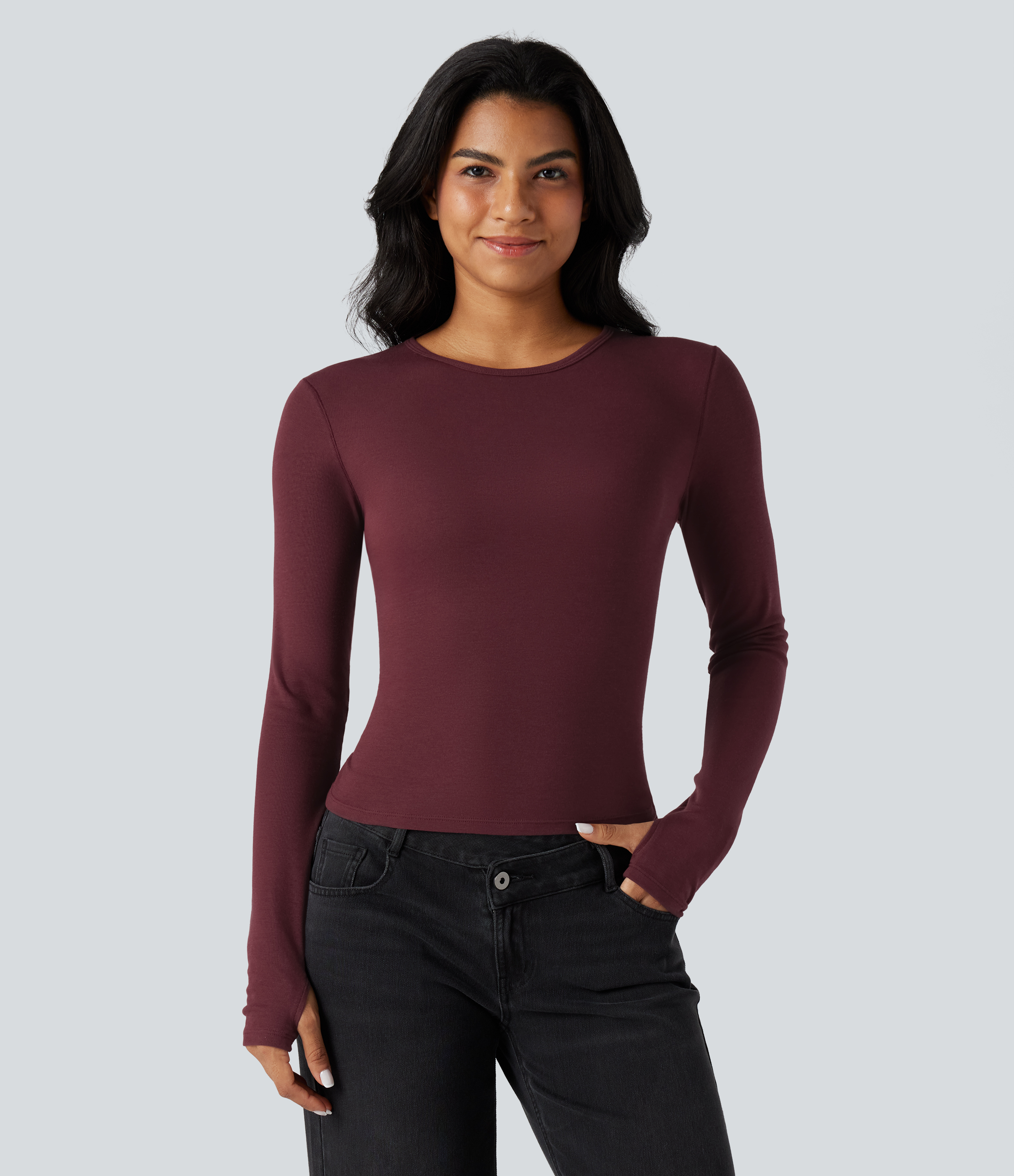 Round Neck Long Sleeve Thumb Holes Casual Wool-Blend Top