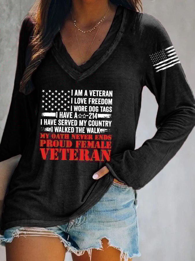 Women's Proud Female Veteran Printed V-Neck Long Sleeve T-Shirt