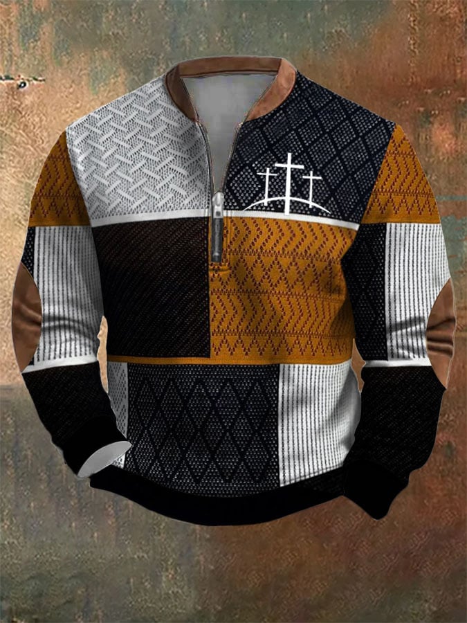 Men's Retro Western Textured Faith Cross Print Zipper Neck Sweatshirt