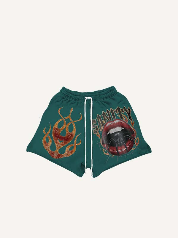 Mouth&Spider&Fire&Letter Print Drawstring Waist Shorts