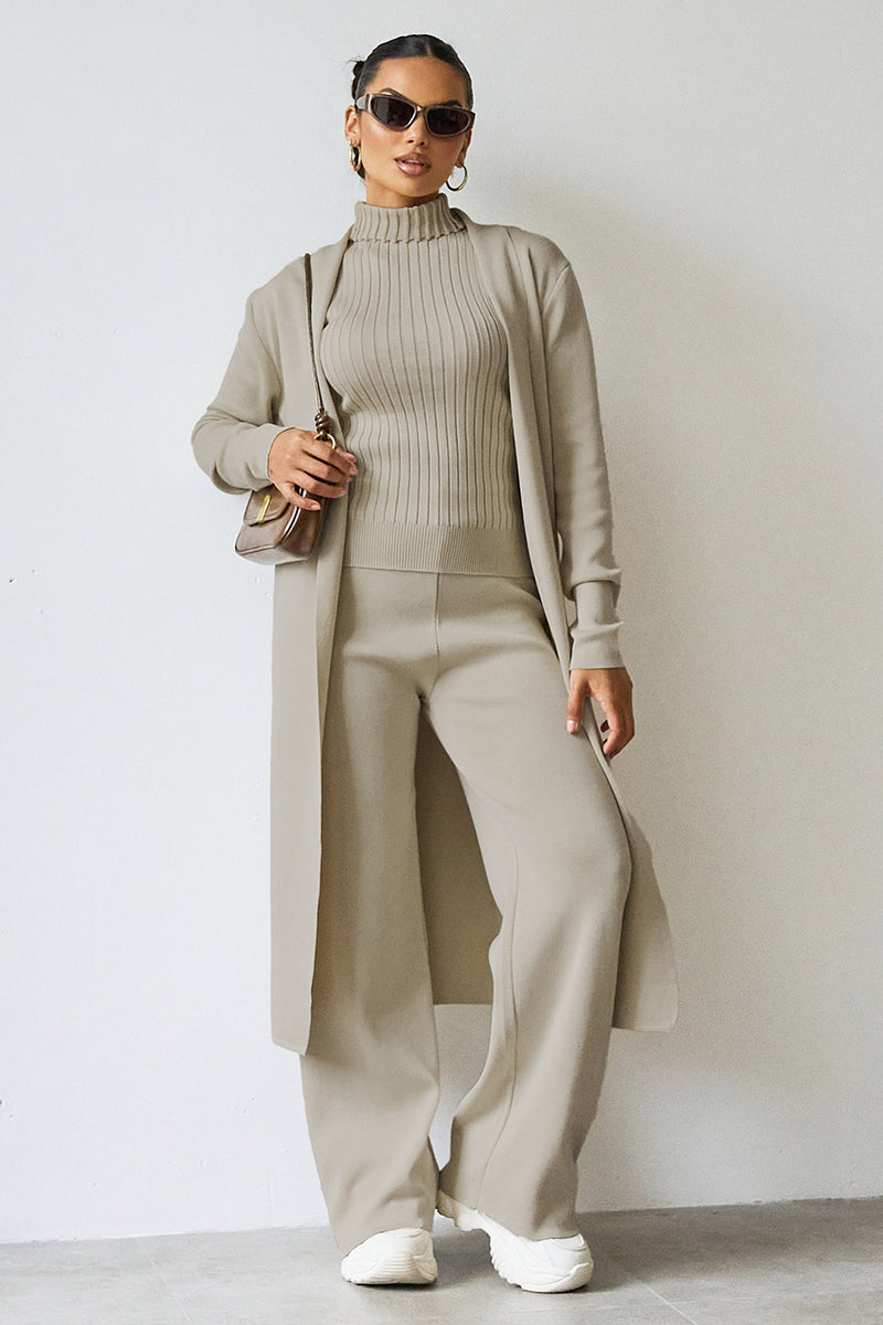 Turtle Neck Tank & Wide Leg Trousers with Cardigan Three-Piece Set