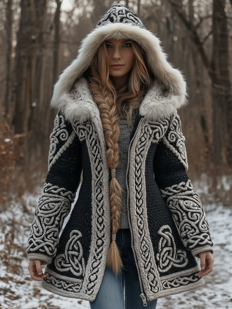 Women's Vintage Celtic Knot Knitted Print Fur Collar Zipper Sweater Jacket