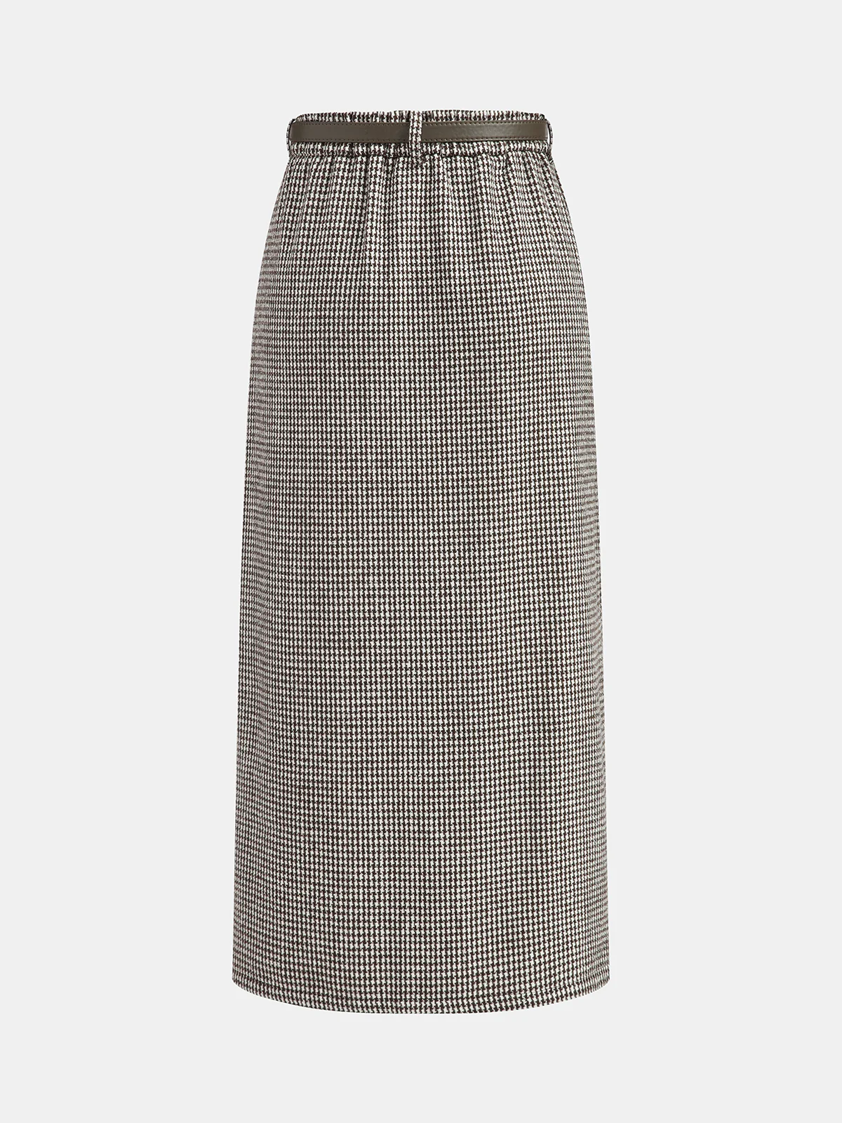 Houndstooth Tweed Belted Midi Skirt