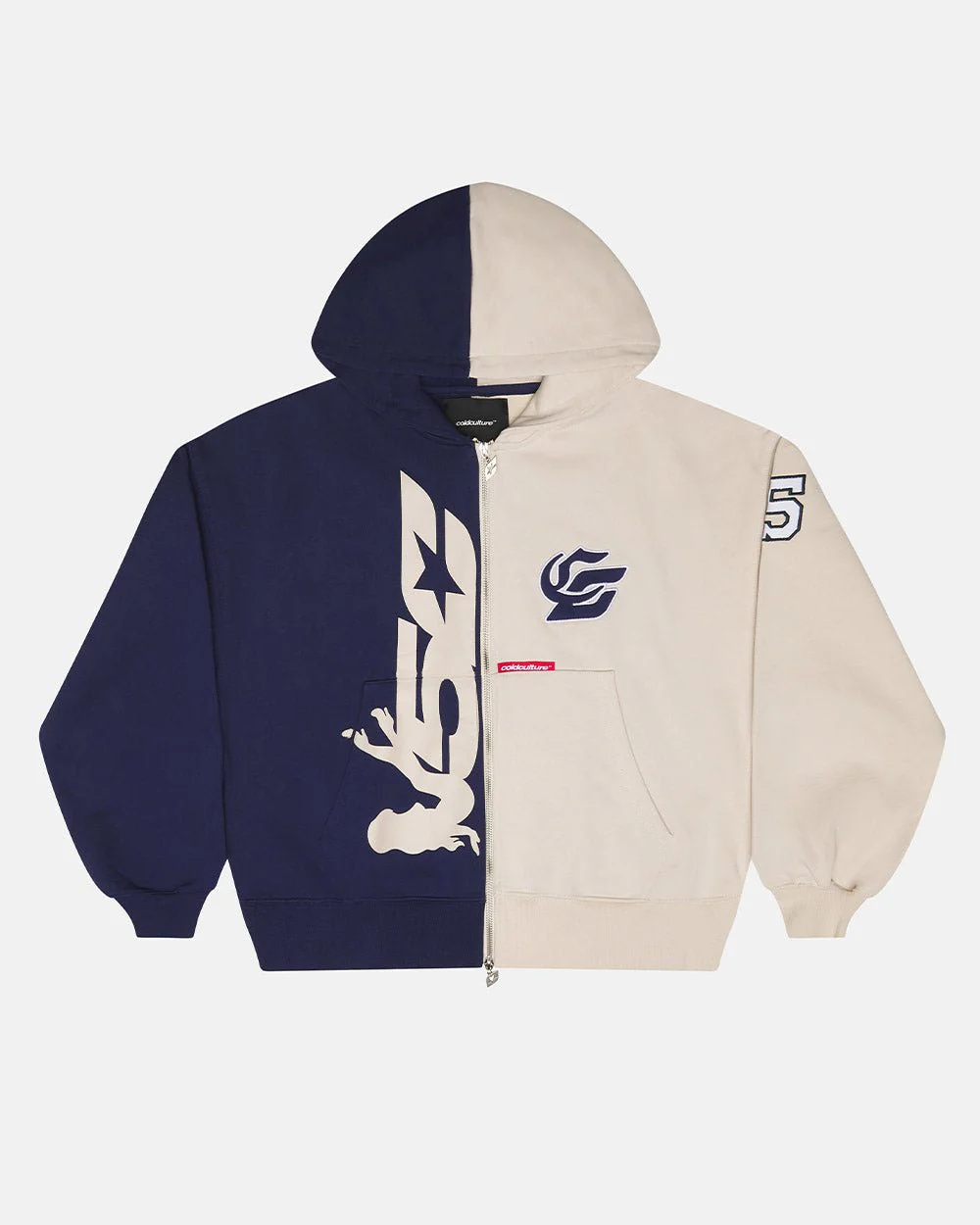 OUTLAW MOOD ZIP HOODIE IVORY GREY & DARK BLUE