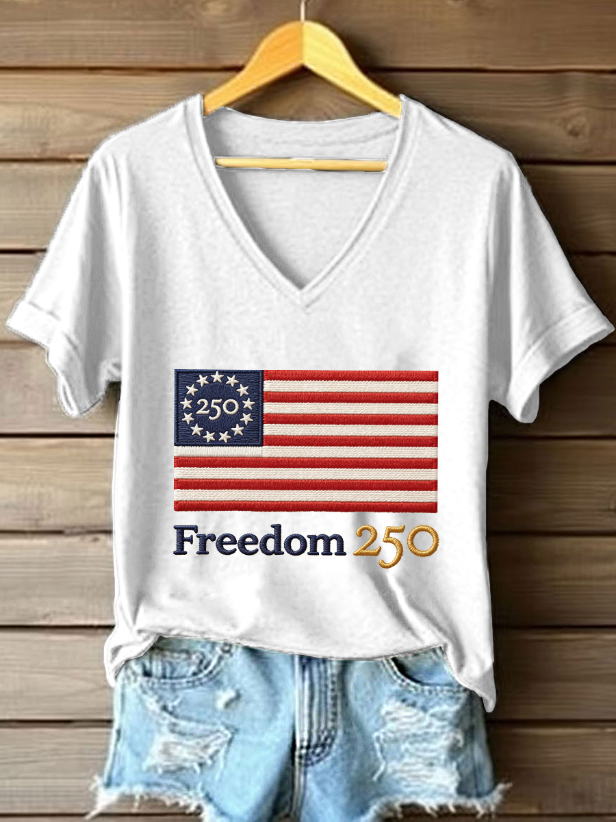 Women's Freedom 250th Anniversary Embroidered V-Neck T-Shirt