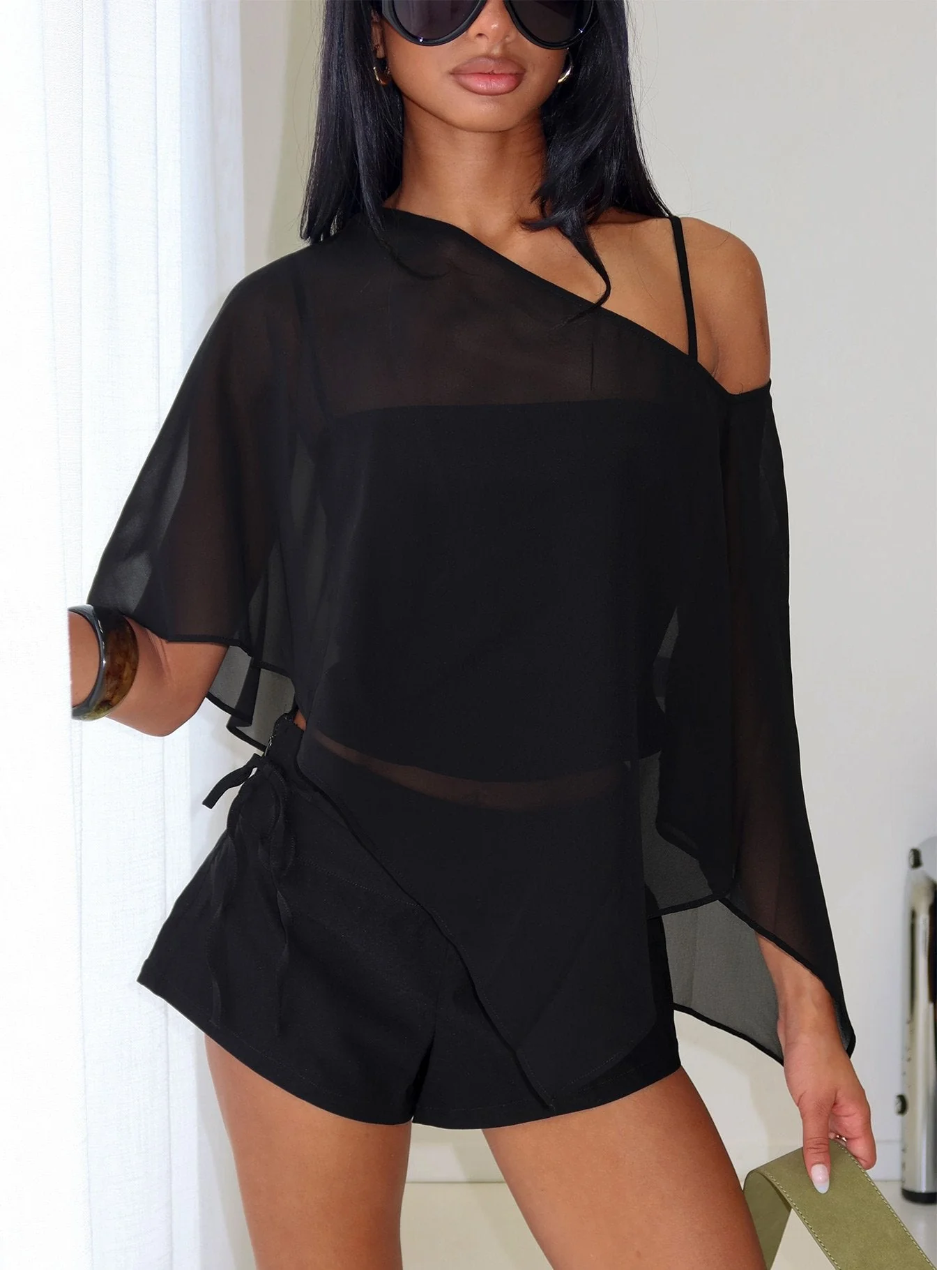 Senzo Chiffon Poncho Top Black