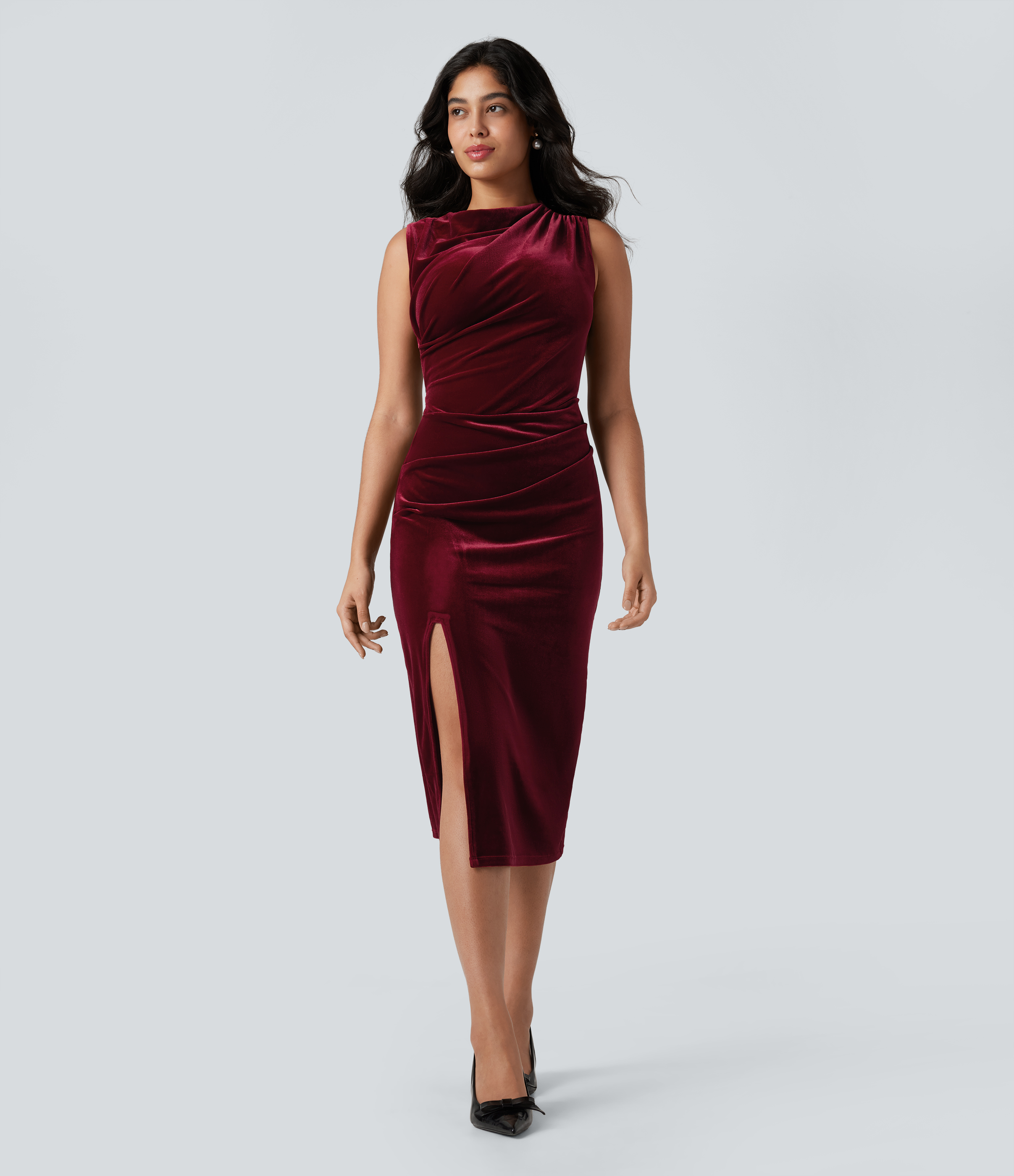 Cowl Neck Sleeveless Split Ruched Bodycon Midi Velvet Dress
