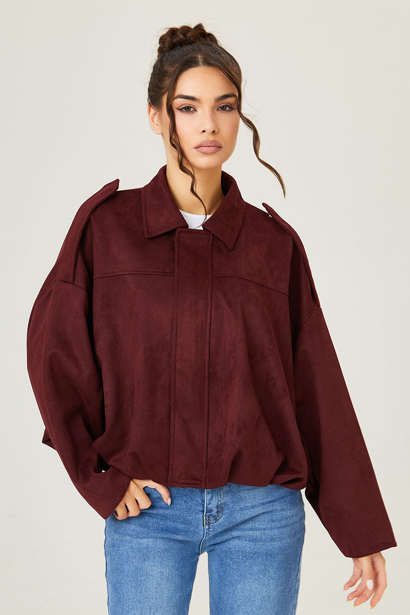 KatchMe Vintage Oversized Suede Zipper Cropped Bomber Jacket