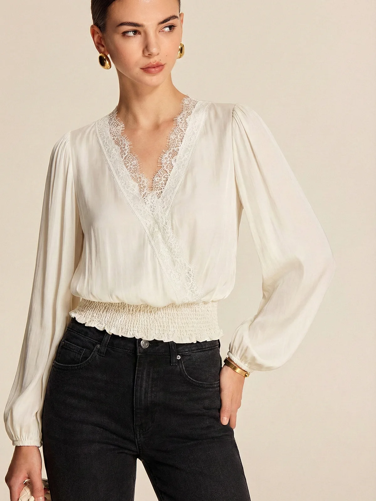Lace Trim Smocked Waist Long Sleeve Blouse