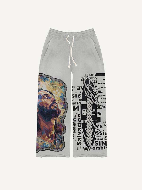 Jesus&Letter Print Elastic Waist Pants