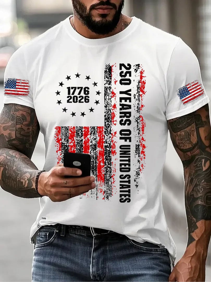 Men’s USA 250th Anniversary Embroidered Print Crew Neck Short Sleeve T-Shirt