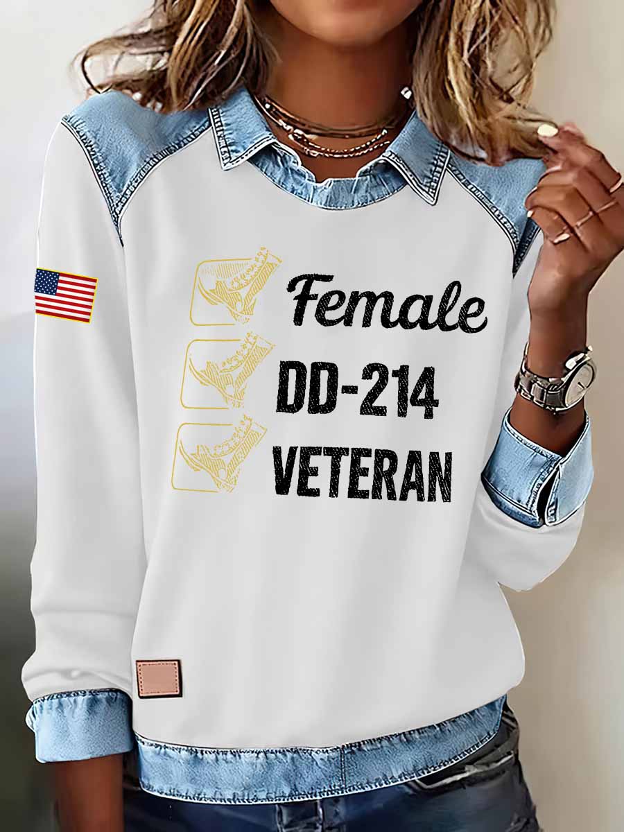 Women's Female DD-214 Veteran Print Lapel Long Sleeve Top