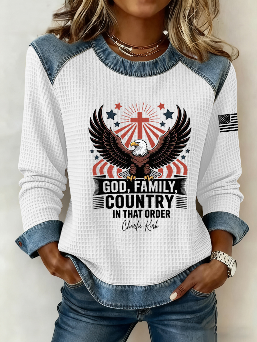 Women's Freedom God Family Country In That Order Printed  Denim Patchwork Waffle Top