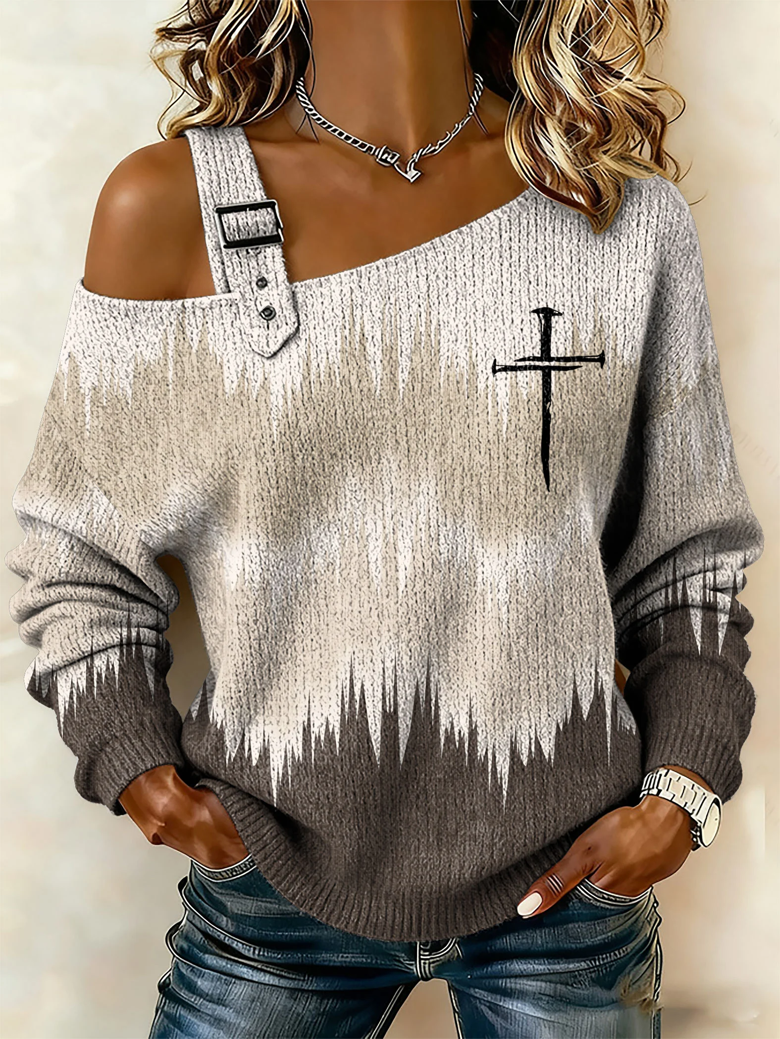 Women's Faith Print Off-Shoulder Knit Top-Fast Shipping