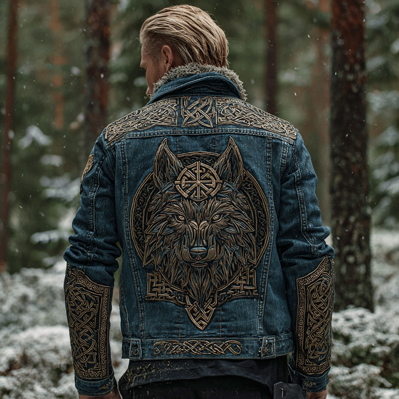 Men's Vintage Viking Celtic Knot Wolf Art Washed Denim Jacket