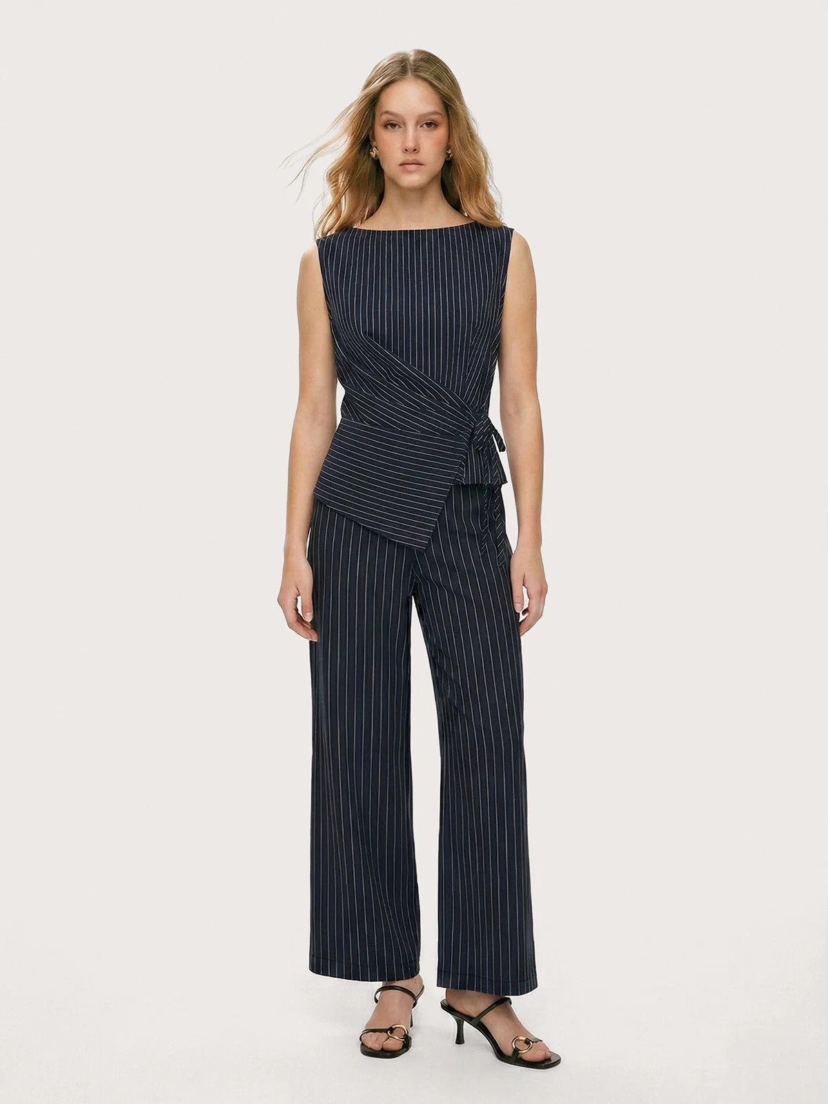 Pinstripe Wrap Top & Wide-Leg Pants Set