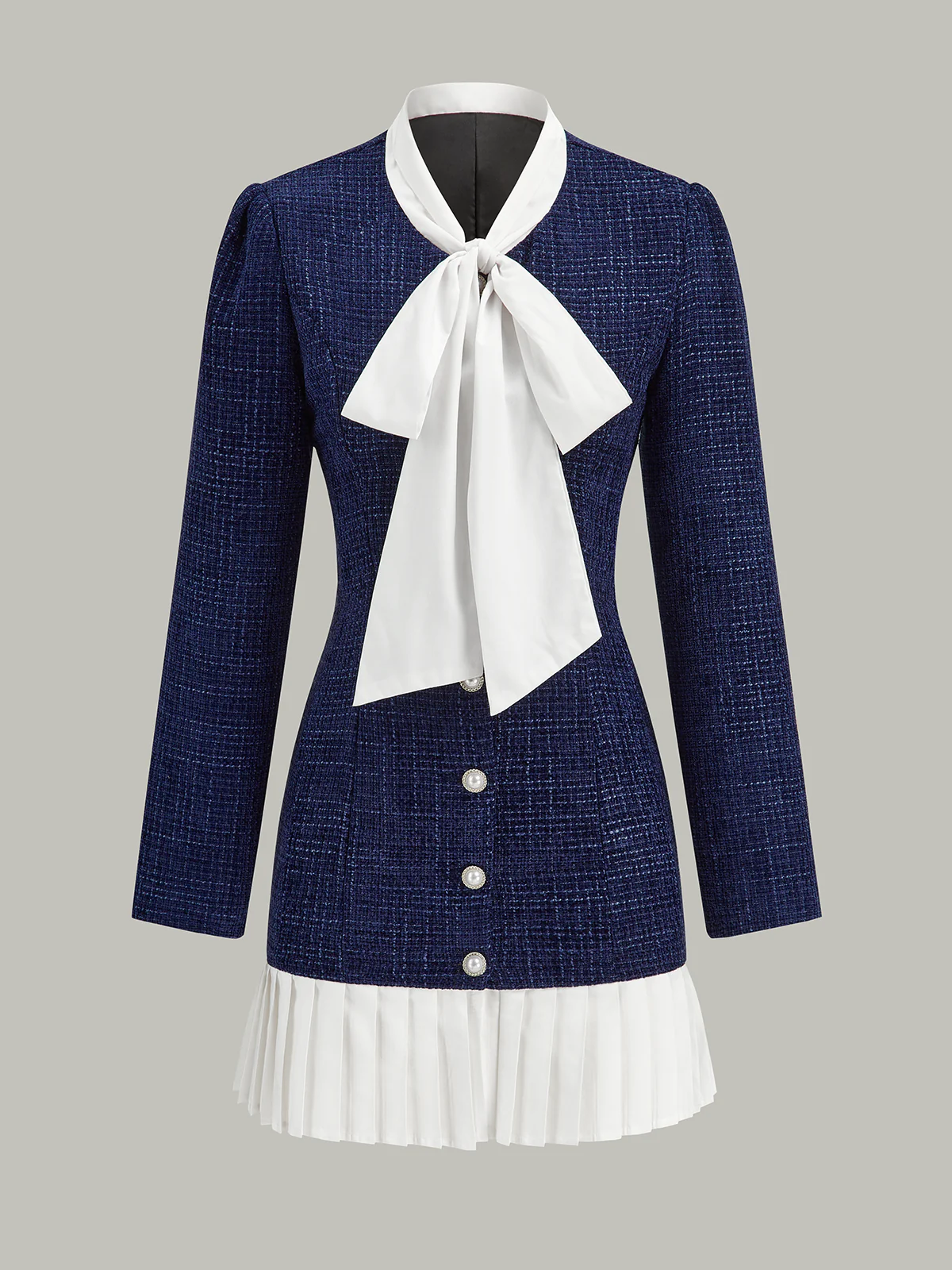 Pleated Hem Bow Neckline Tweed Mini Dress