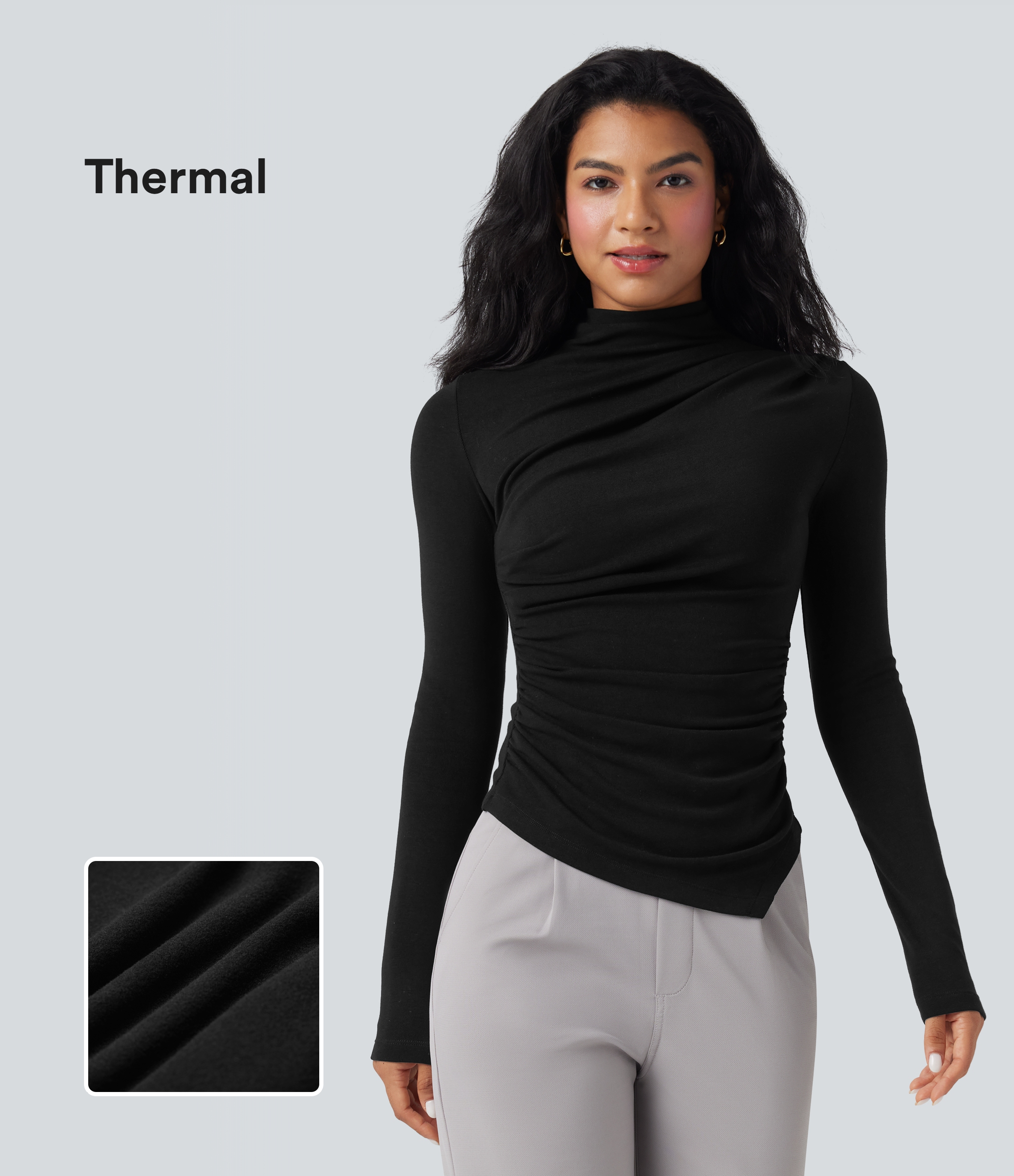 High Neck Long Sleeve Ruched Asymmetric Hem Thermal Casual Top