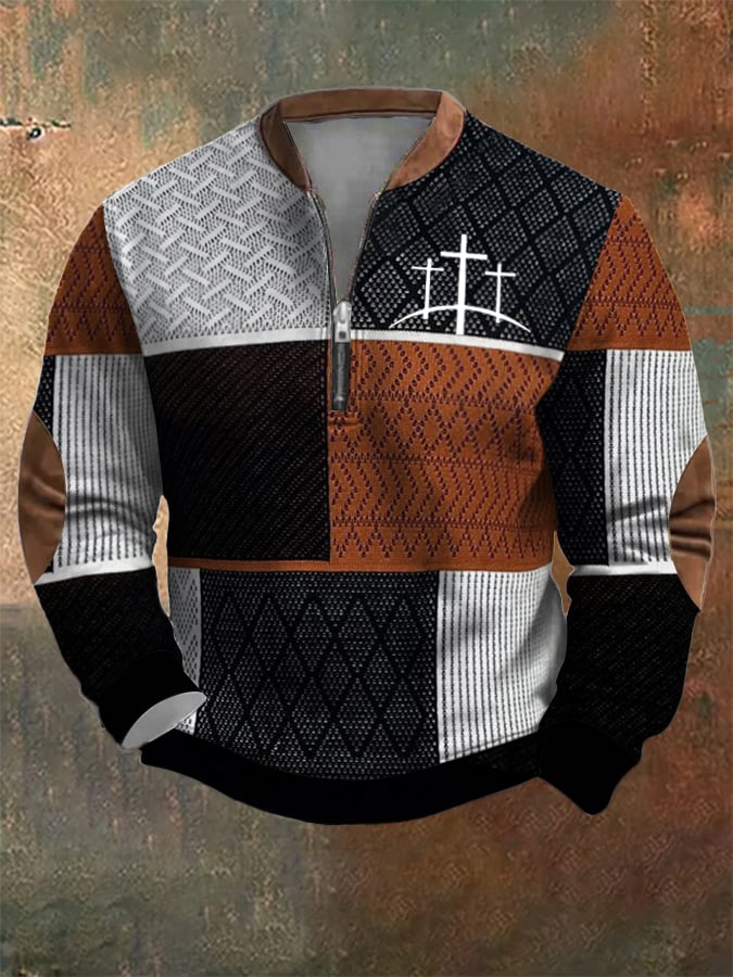 Men's Retro Western Textured Faith Cross Print Zipper Neck Sweatshirt