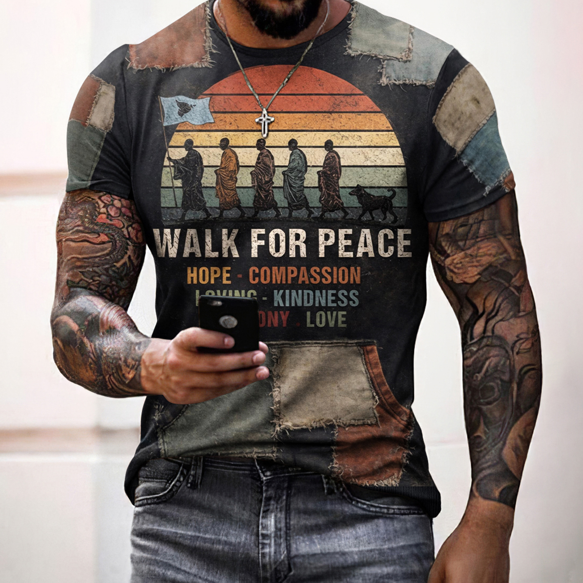 Men's Walk For Peace In Patchwork  Printed  T-shirt
