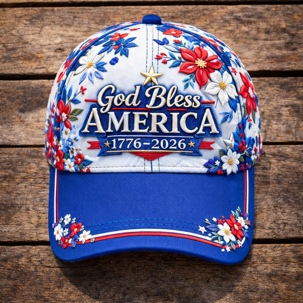 God Bless America 1776-2026 Patriotic Floral Embroidered Baseball Cap – 250th Anniversary USA Hat