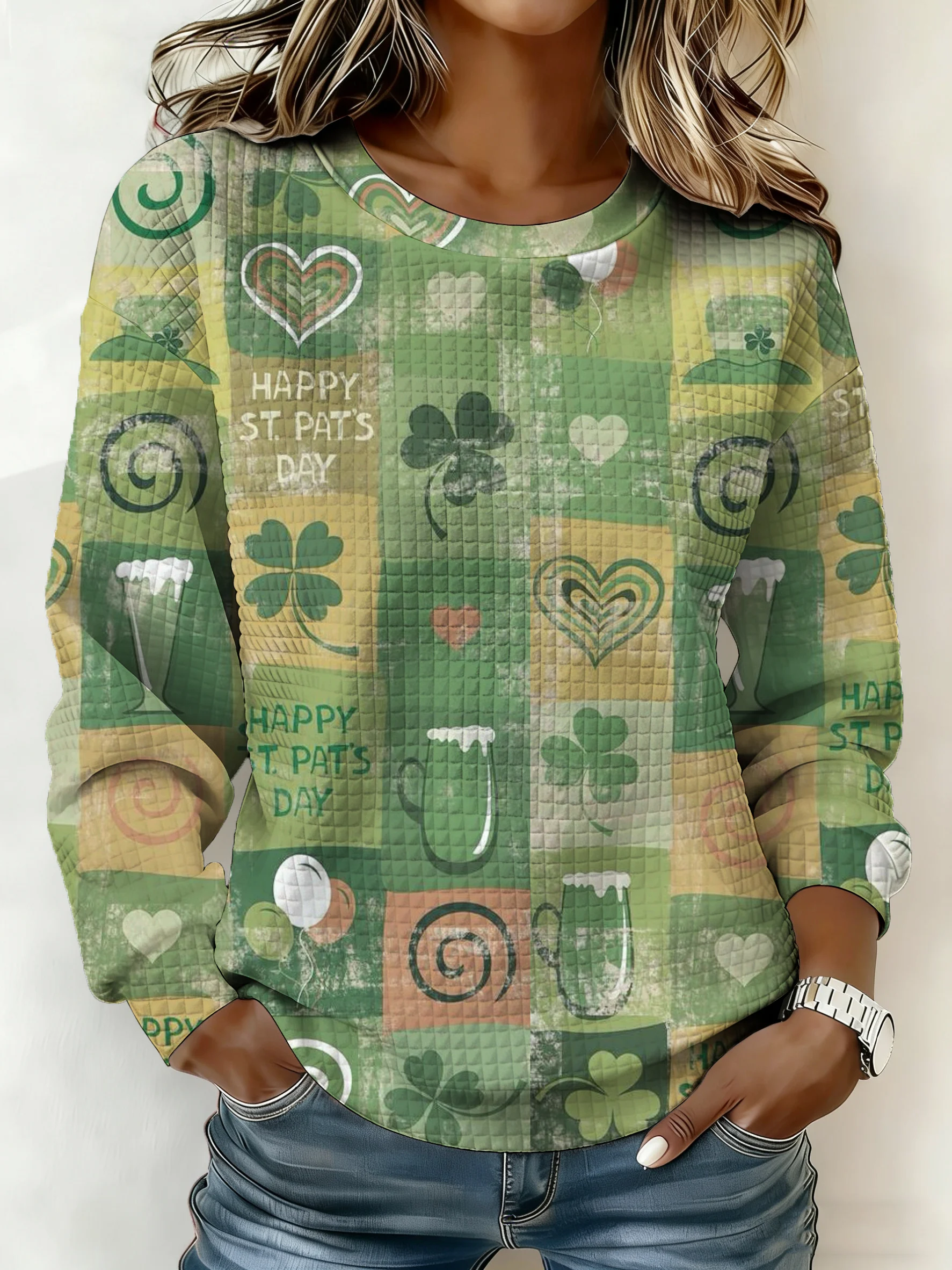 Women's Autumn/Winter Clover Printed Crew Neck Casual Sweatshirt