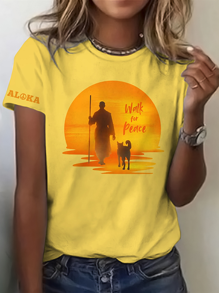 Women's Walk For Peace Monk And Faithful Dog Print T-shirt