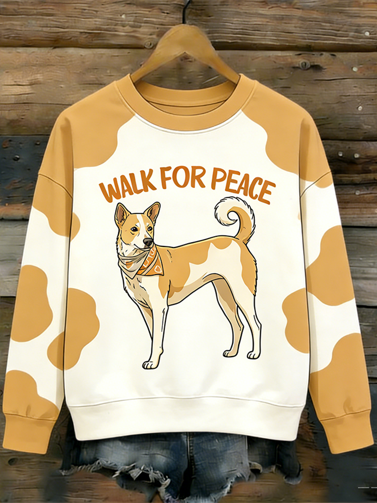 Peace Dog Pattern Printed Retro Round Neck Long Sleeve T-shirt