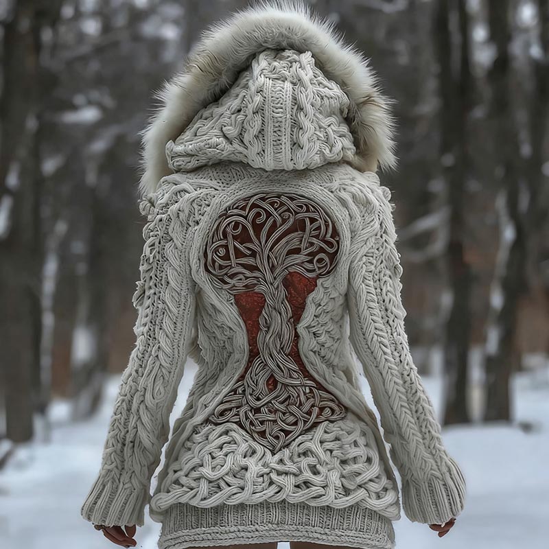 Women's Viking Tribal Tree Of Life Celtic Knot Fur Collar Zipper Sweater Jacket