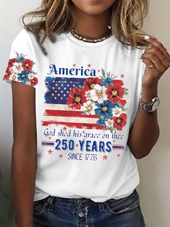 Women's 250th Anniversary National Flag Floral Print Casual T-Shirt