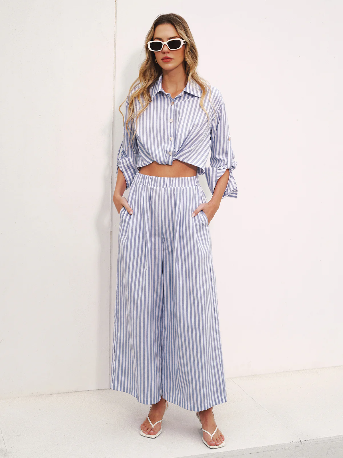 Striped Collared Wide-Leg Jumpsuit